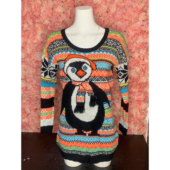Poof Holiday Penguin Multicolor Small Sweater - Picture 1 of 4